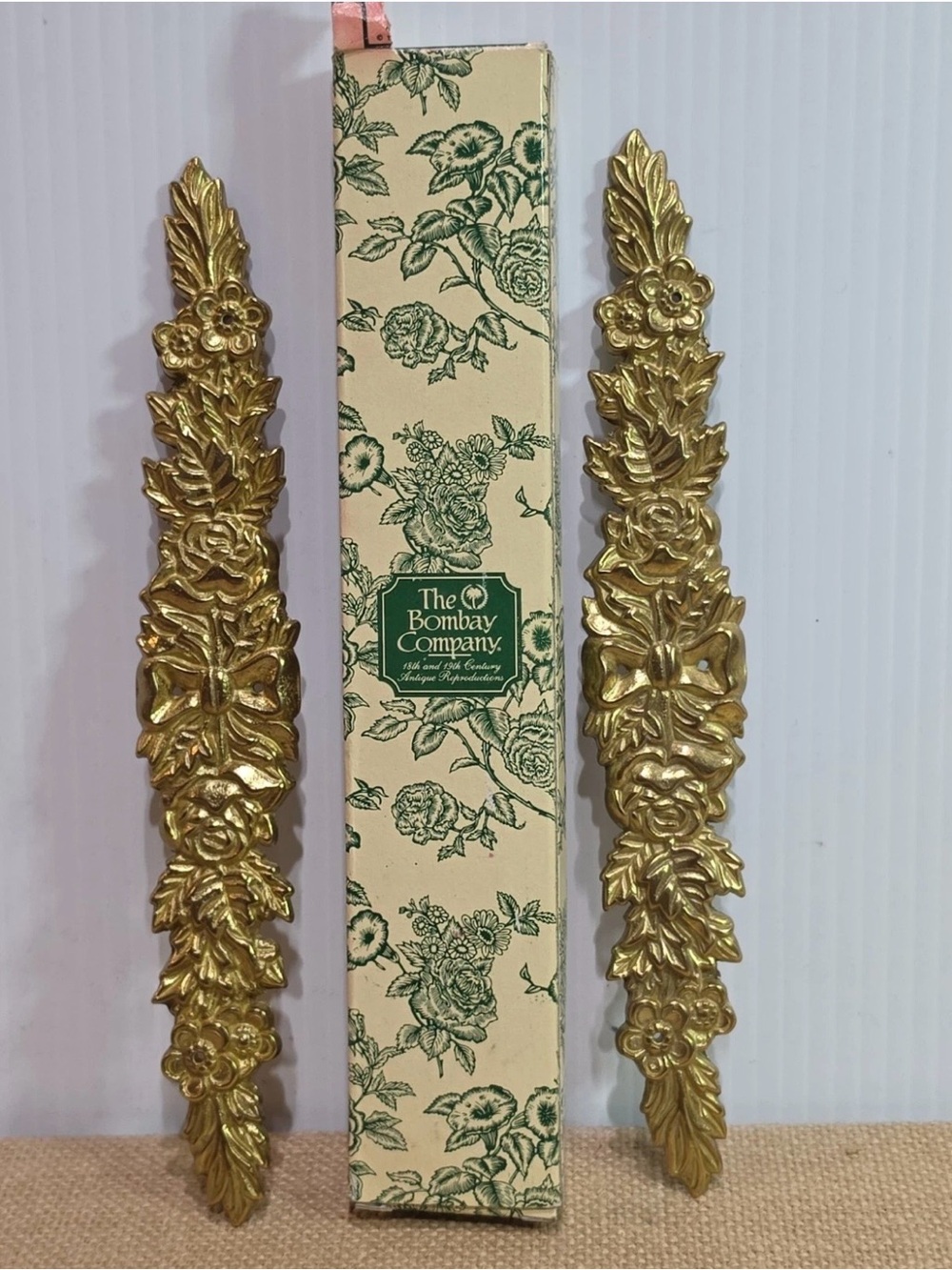 The Bombay Company Set of (2) Roses and Bow Gold Ormolu Brass wall decor